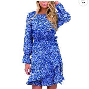 NWOT Amazon Women’s Ruffle Blue Floral Long Sleeve Mini Wrap Dress Size S